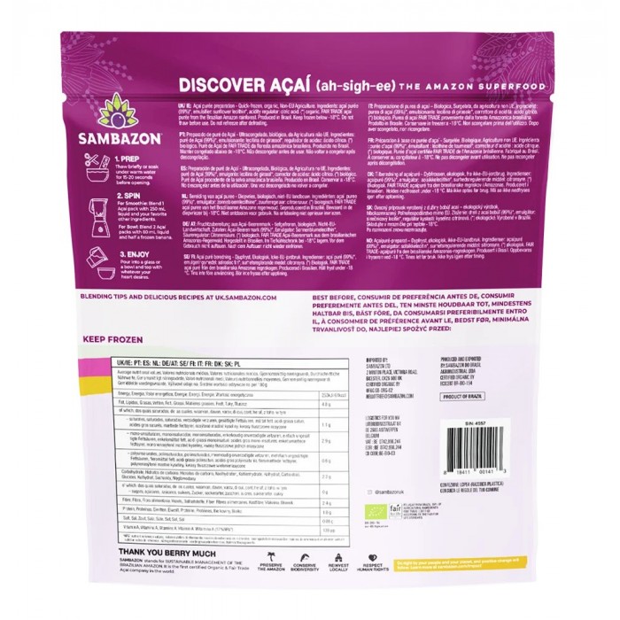 Асаи Био замразено Unsweetened Superfruit Pack 4 x 100 г — без захар